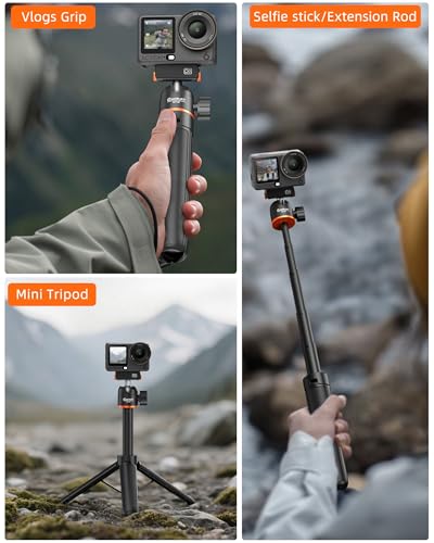 Cakrurt 21.4" Osmo Action 6 Selfie Stick Tripod for DJI Osmo Nano/Action 6, Xtra Atto, 2-in-1 Extendable Hand Grip w Mini Extension Rod & 360° Ball Head, Travel Vlogging Stand/Accessory for Video Recording - Image 3