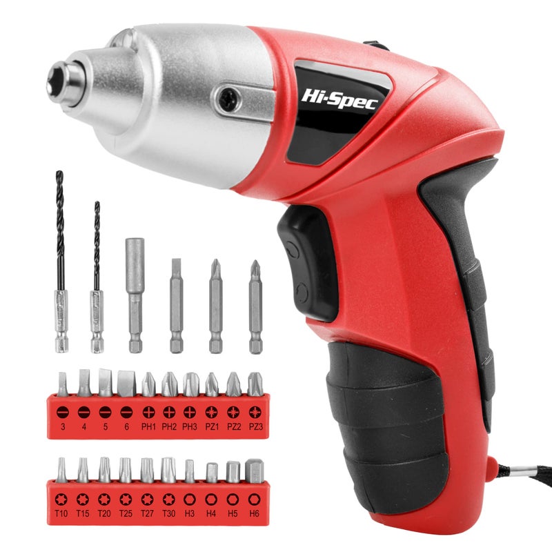 Hi-Spec HiSpec 27pc 36V Red Small Power Electric Screwdriver Set Cordless Rechargeable with Driver Bit Set