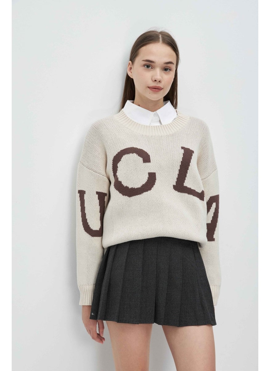 UCLA Limas Beige Crew Neck Jacquard Oversize Women's Sweater  - Image 1