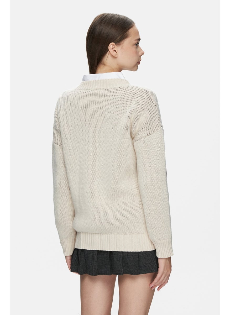 UCLA Limas Beige Crew Neck Jacquard Oversize Women's Sweater  - Image 4