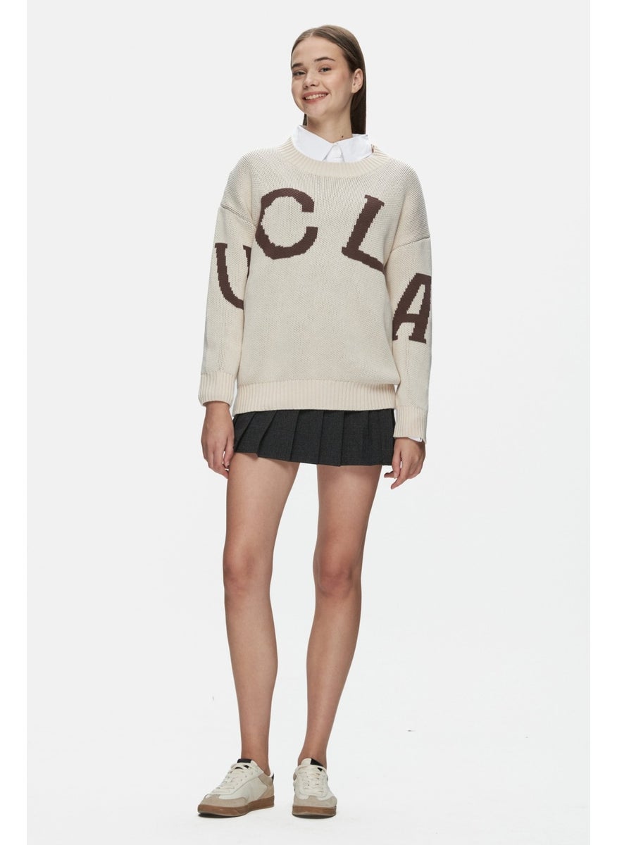 UCLA Limas Beige Crew Neck Jacquard Oversize Women's Sweater  - Image 3