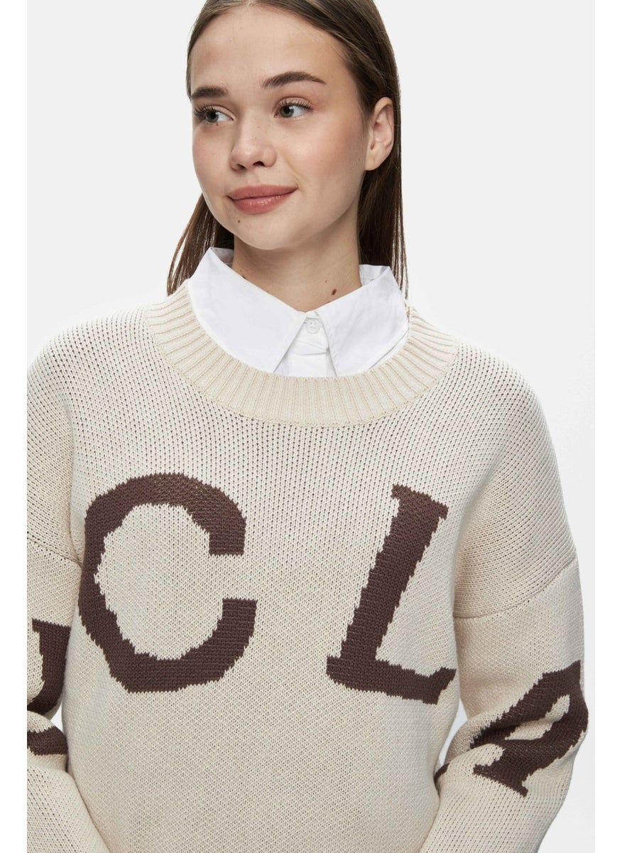 UCLA Limas Beige Crew Neck Jacquard Oversize Women's Sweater  - Image 2