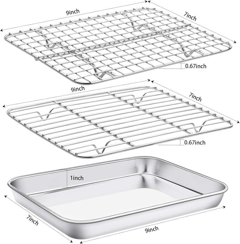 Baking Sheet with Cooling Rack Set[2 Sheets + 2 Racks], Stainless Steel Cookie Sheet for Baking Use, Baking Pan Tray Non Toxic & Heavy Duty & Easy Clean & Dishwasher Safe, Size 9 x 7 x 1 Inch - Image 2