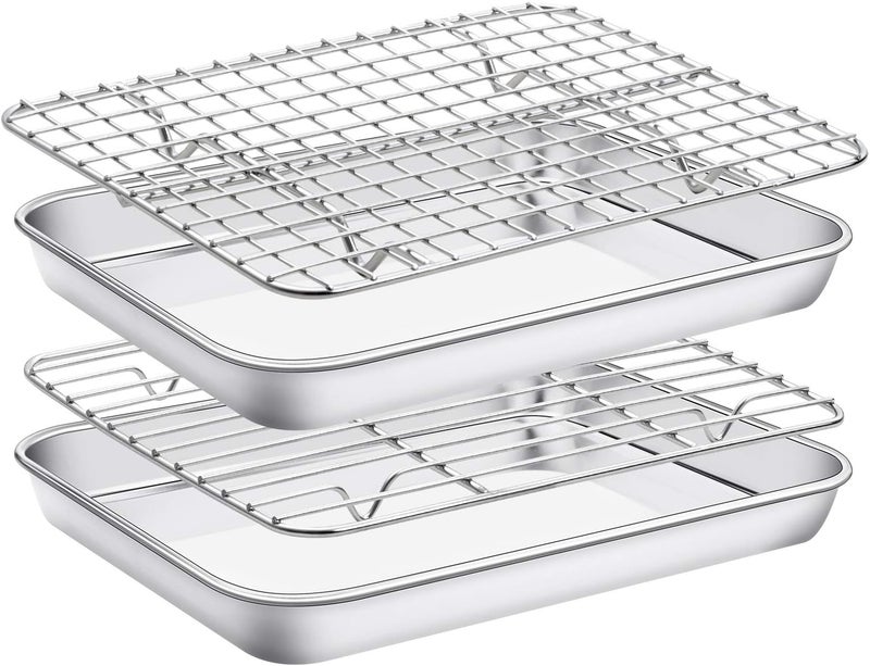 Baking Sheet with Cooling Rack Set[2 Sheets + 2 Racks], Stainless Steel Cookie Sheet for Baking Use, Baking Pan Tray Non Toxic & Heavy Duty & Easy Clean & Dishwasher Safe, Size 9 x 7 x 1 Inch - Image 1