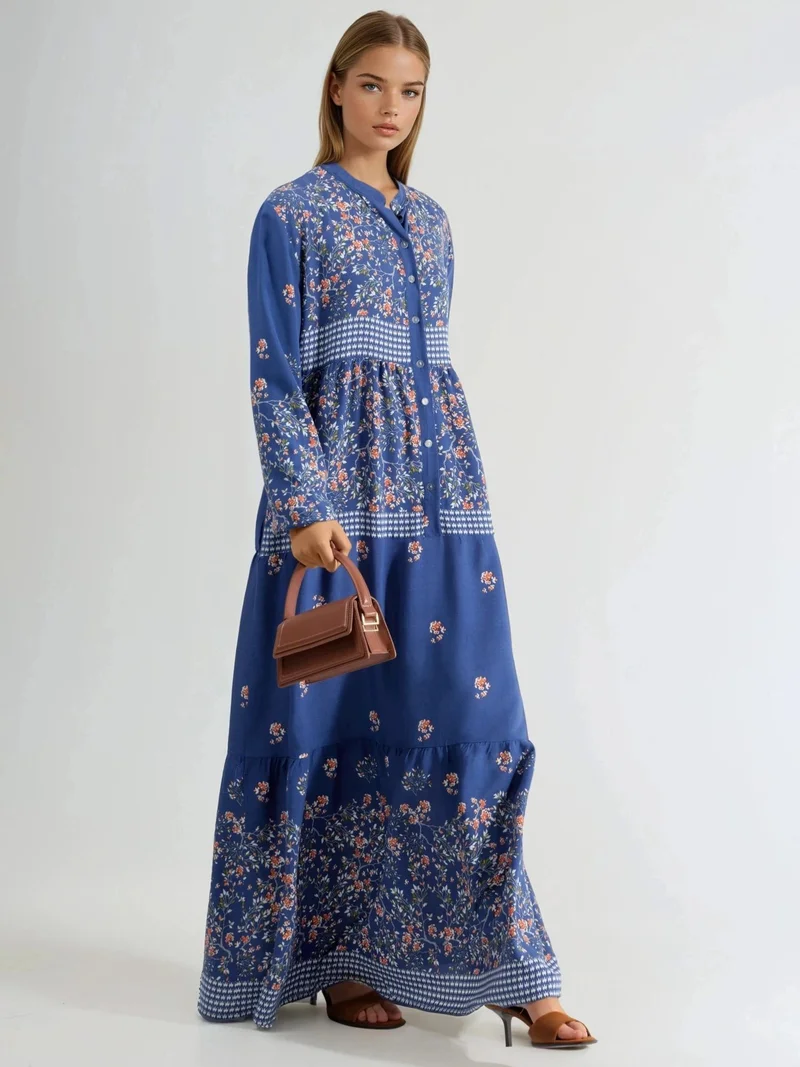 هيكاب Patterned V-Neck Maxi Dress with Button Closure