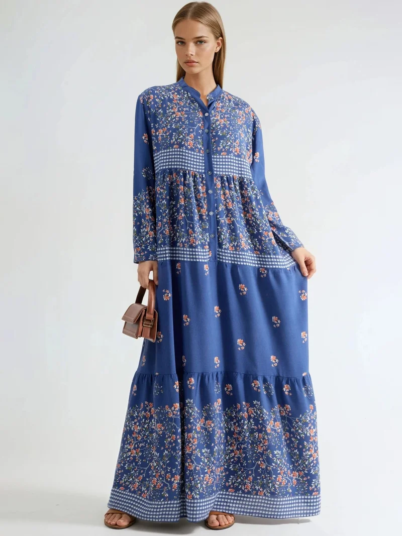 هيكاب Patterned V-Neck Maxi Dress with Button Closure
