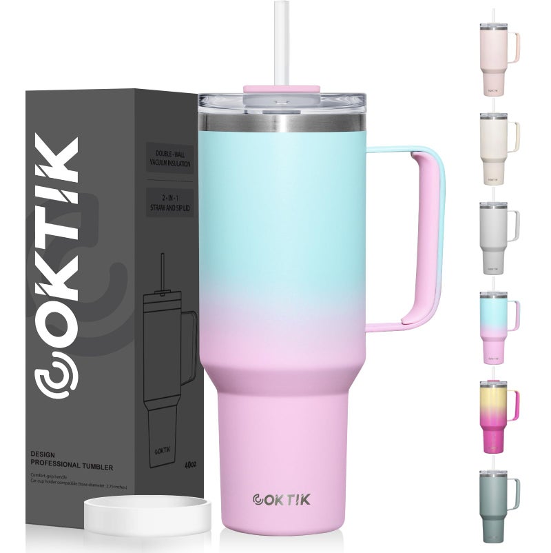 COKTIK 40 oz Tumbler With Handle and Straw Lid Vacuum Insulated Travel Coffee Mug Stainless Steel Insulated Cup for Beverages Leakproof Cupholder Friendly Bubble Gum