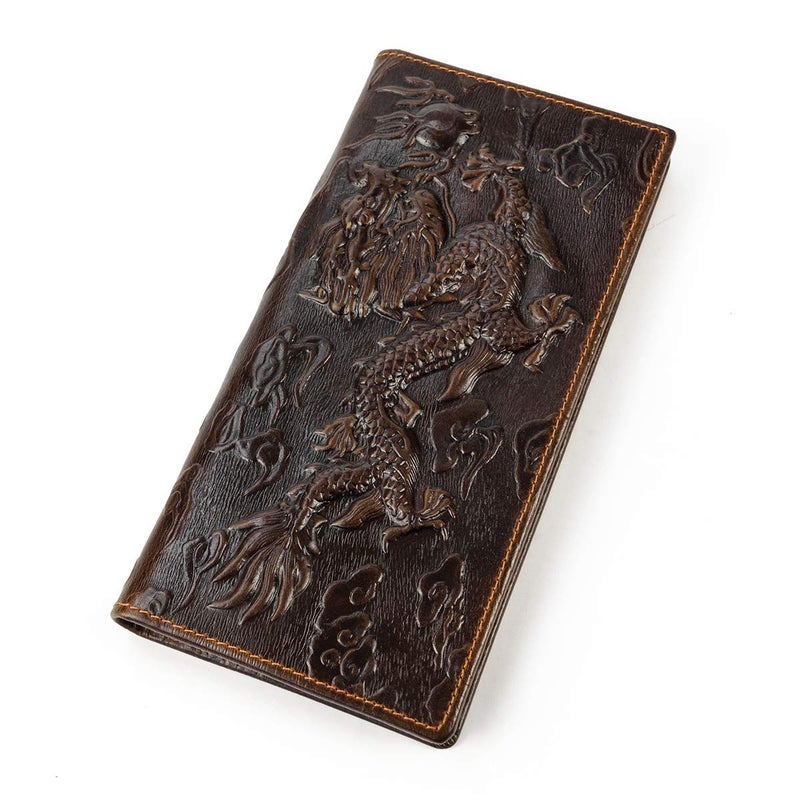 LUUFAN Men's Genuine Leather Long Bifold Wallet With Zipper Pocket, Gift for Mens, Husband and Father (Embossed dragon) - Image 1