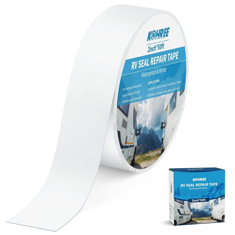 Kohree RV Sealant Tape, 2 Inch x 50 Foot RV Roof Tape White Waterproof Seal Tape UV & Weatherproof Sealant Roofing Tape for RV Repair, Window, Boat Sealing, Truck Stop Camper Roof Leaks - Image 1
