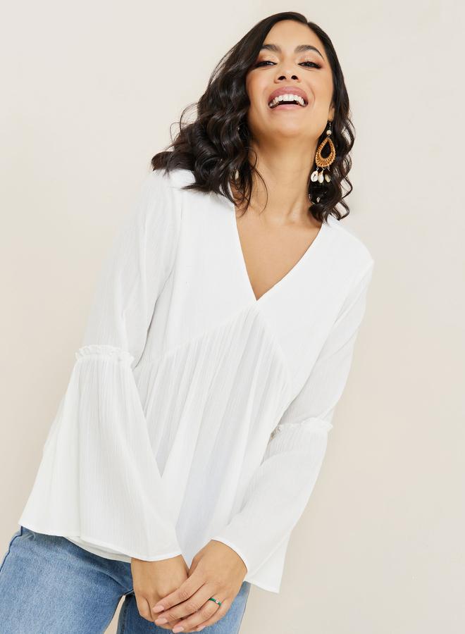 Styli Bell Sleeve V Neck Gathered Blouse - Image 1