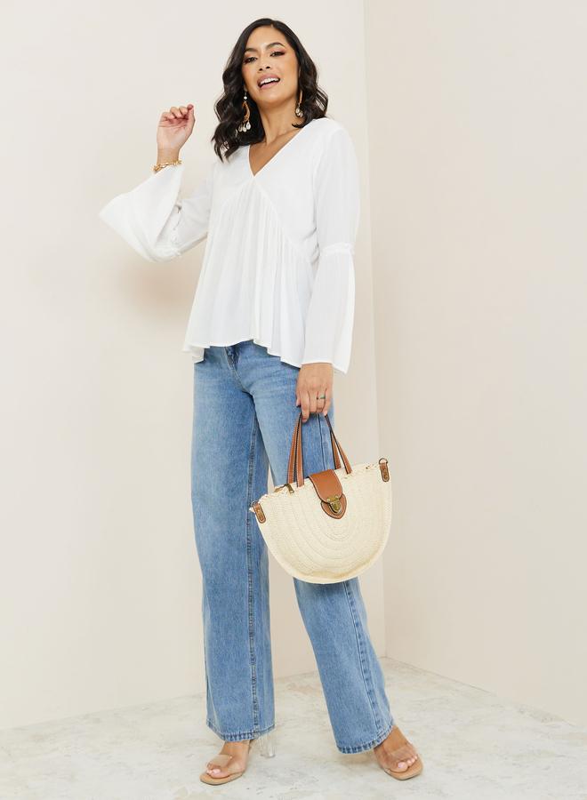 Styli Bell Sleeve V Neck Gathered Blouse - Image 2