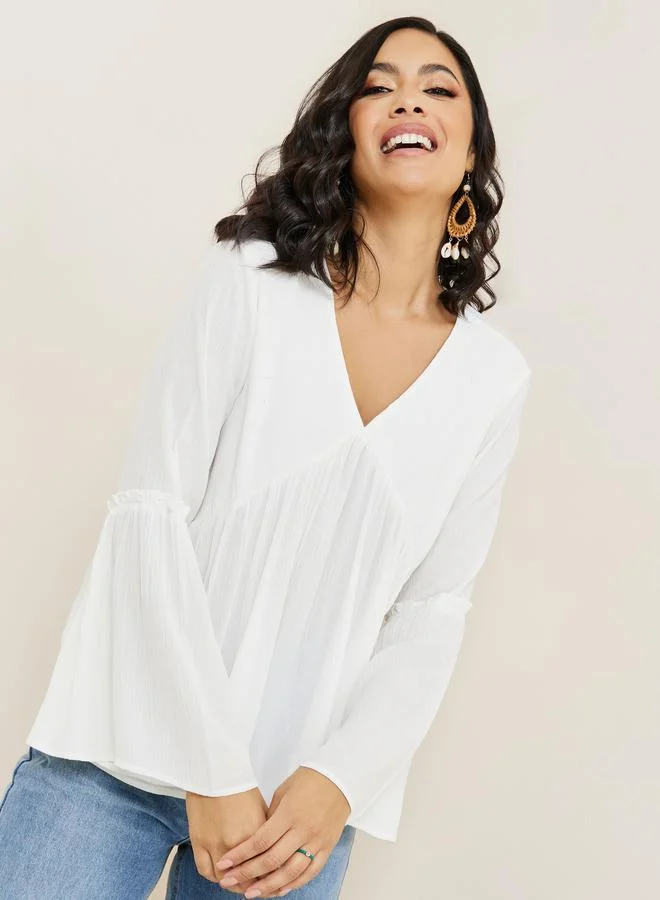 Styli Styli Bell Sleeve V Neck Gathered Blouse