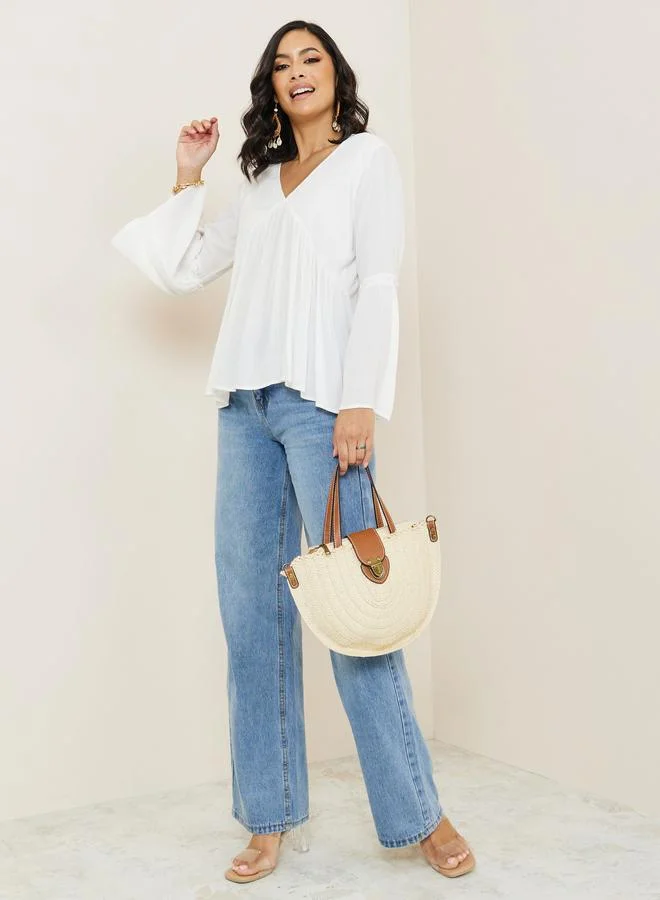 Styli Styli Bell Sleeve V Neck Gathered Blouse