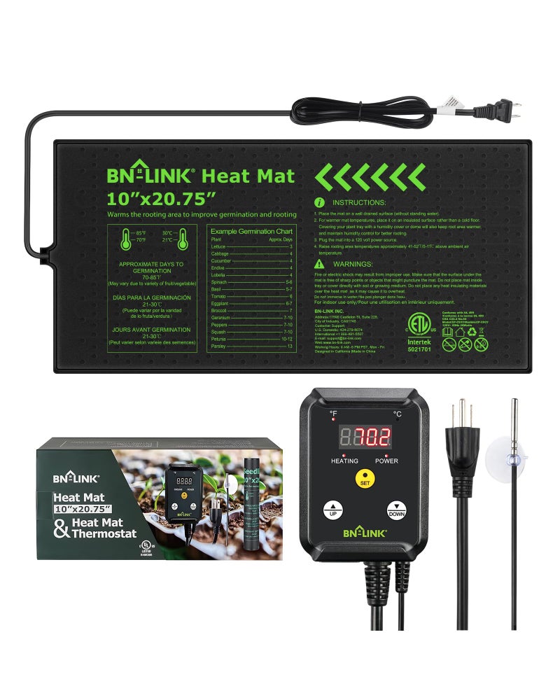 BN-LINK Seedling Heat Mat with Thermostat Controller Combo Set, 10" x 20.75" Plant Heating Mat for Seed Starting with Temperature Control for Indoor Growing, Plants Germination, ETL Listed - Image 1