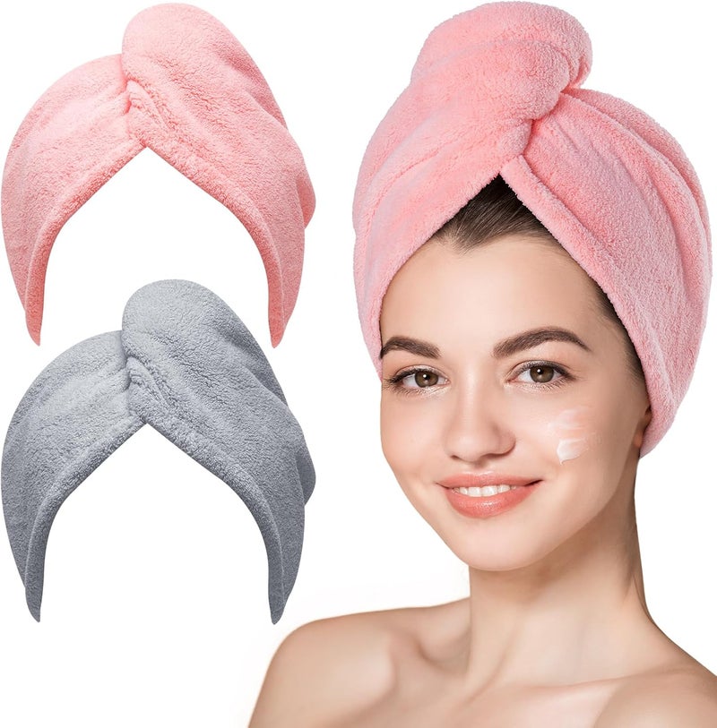 Hicober Microfiber Hair Towel, 2Packs Hair Turbans for Wet Hair, Drying Hair Wrap Towels for Curly Hair Women Anti Frizz(Pink,Grey) - Image 1