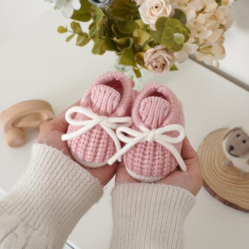 LAWKUL Baby Booties Knit Newborn Shoes Cozy First Walkers Infant Toddler Boots for Boy Girls 3-6 Months Pink - Image 2