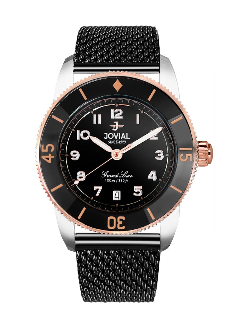 JOVIAL 1535GAMQ03E Men's Stainless Steel Woven Mesh Band Watch, Ceramic Bezel, Black Dial, Sporty Elegant Design, 41MM - Image 1