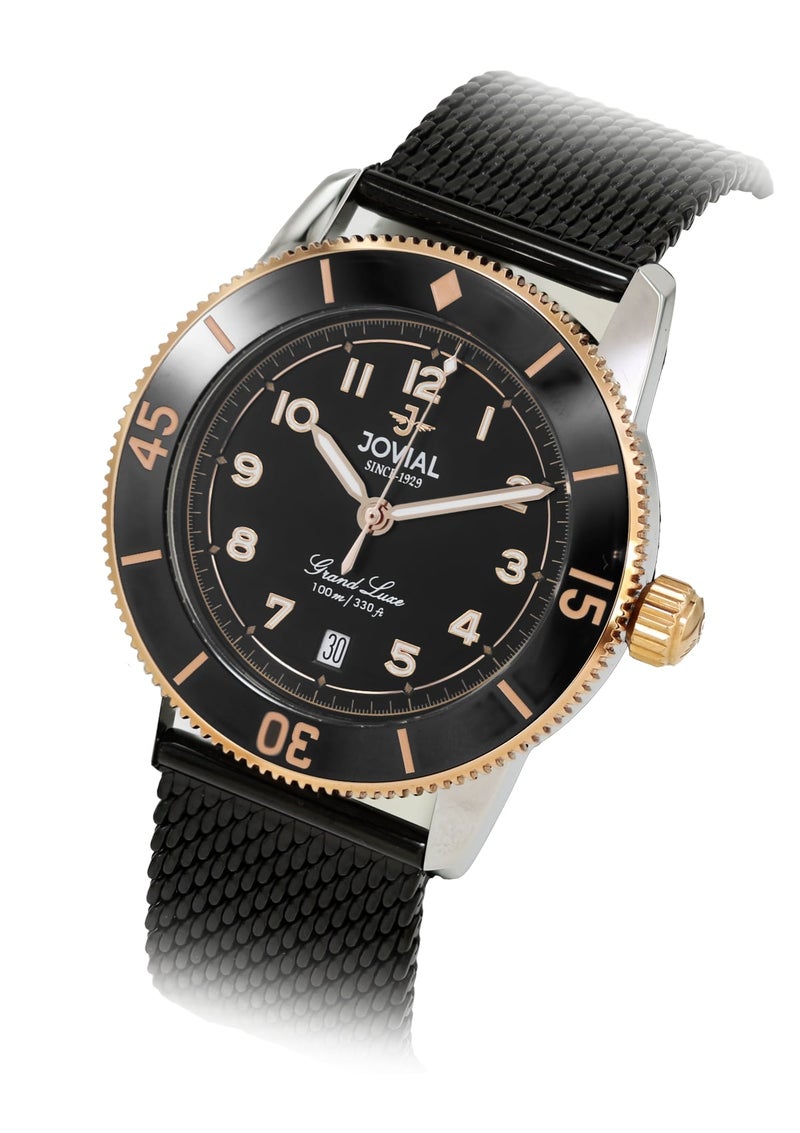 JOVIAL 1535GAMQ03E Men's Stainless Steel Woven Mesh Band Watch, Ceramic Bezel, Black Dial, Sporty Elegant Design, 41MM - Image 2