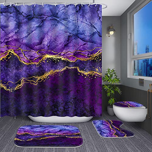 Poedist 4 Pcs Gold Edge Marble Bathroom Shower Curtain Set, Bathroom Sets with Shower Curtain and Rugs(Bath Mat,U Shape and Toilet Lid Cover Mat) and 12 Hooks-Purple - Image 5