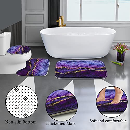 Poedist 4 Pcs Gold Edge Marble Bathroom Shower Curtain Set, Bathroom Sets with Shower Curtain and Rugs(Bath Mat,U Shape and Toilet Lid Cover Mat) and 12 Hooks-Purple - Image 4