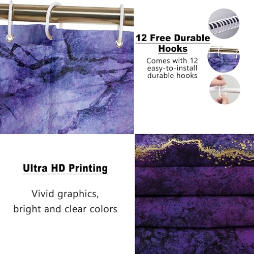Poedist 4 Pcs Gold Edge Marble Bathroom Shower Curtain Set, Bathroom Sets with Shower Curtain and Rugs(Bath Mat,U Shape and Toilet Lid Cover Mat) and 12 Hooks-Purple - Image 3