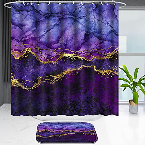 Poedist 4 Pcs Gold Edge Marble Bathroom Shower Curtain Set, Bathroom Sets with Shower Curtain and Rugs(Bath Mat,U Shape and Toilet Lid Cover Mat) and 12 Hooks-Purple - Image 2