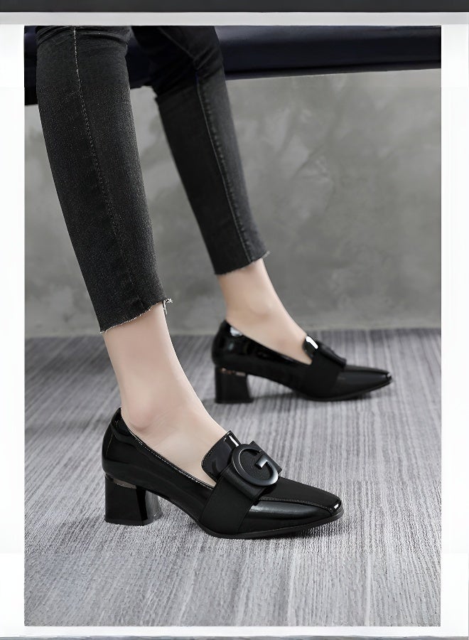 Patent leather square toe thick heel British style shoes  - Image 2