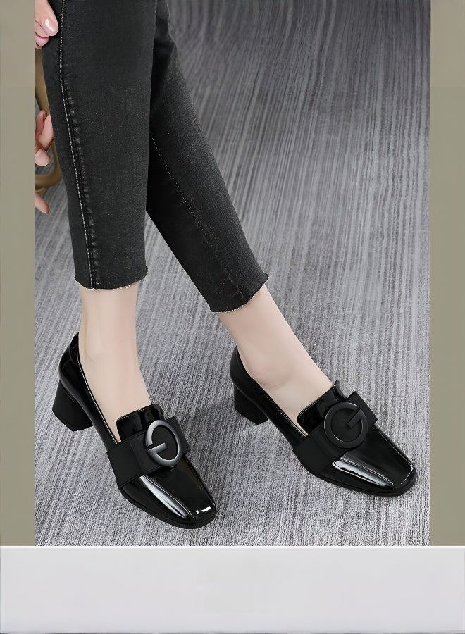 Patent leather square toe thick heel British style shoes  - Image 5