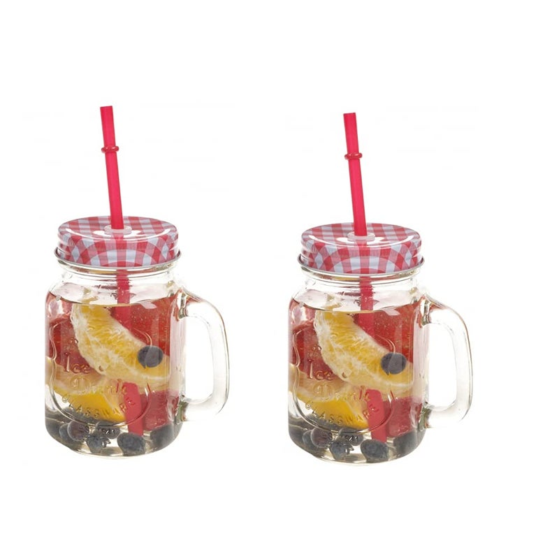 Kosh Mason Jar With Lid And Straw For Drinks Beverages Fruit Juice Glass Airtight Frosty Jar with Handle Mason mug Jars set with Lid and Reusable Straw Random Color Clear 450 ml 2 PC - Image 1