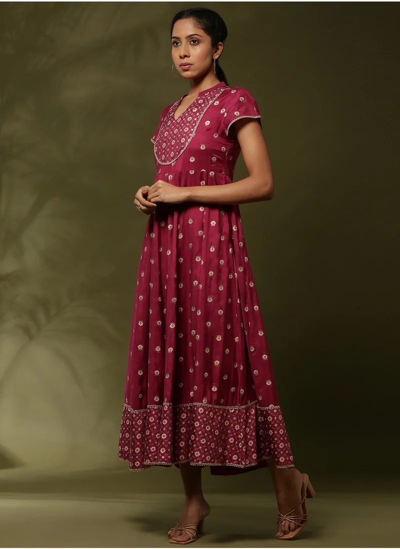 Abhishti Printed yoke cut flare ethnic dress with dupatta-wine
