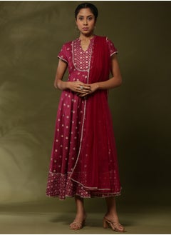 Abhishti Printed yoke cut flare ethnic dress with dupatta-wine  - Image 1