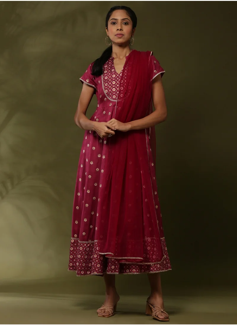 Abhishti Printed yoke cut flare ethnic dress with dupatta-wine