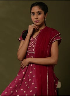 Abhishti Printed yoke cut flare ethnic dress with dupatta-wine  - Image 2