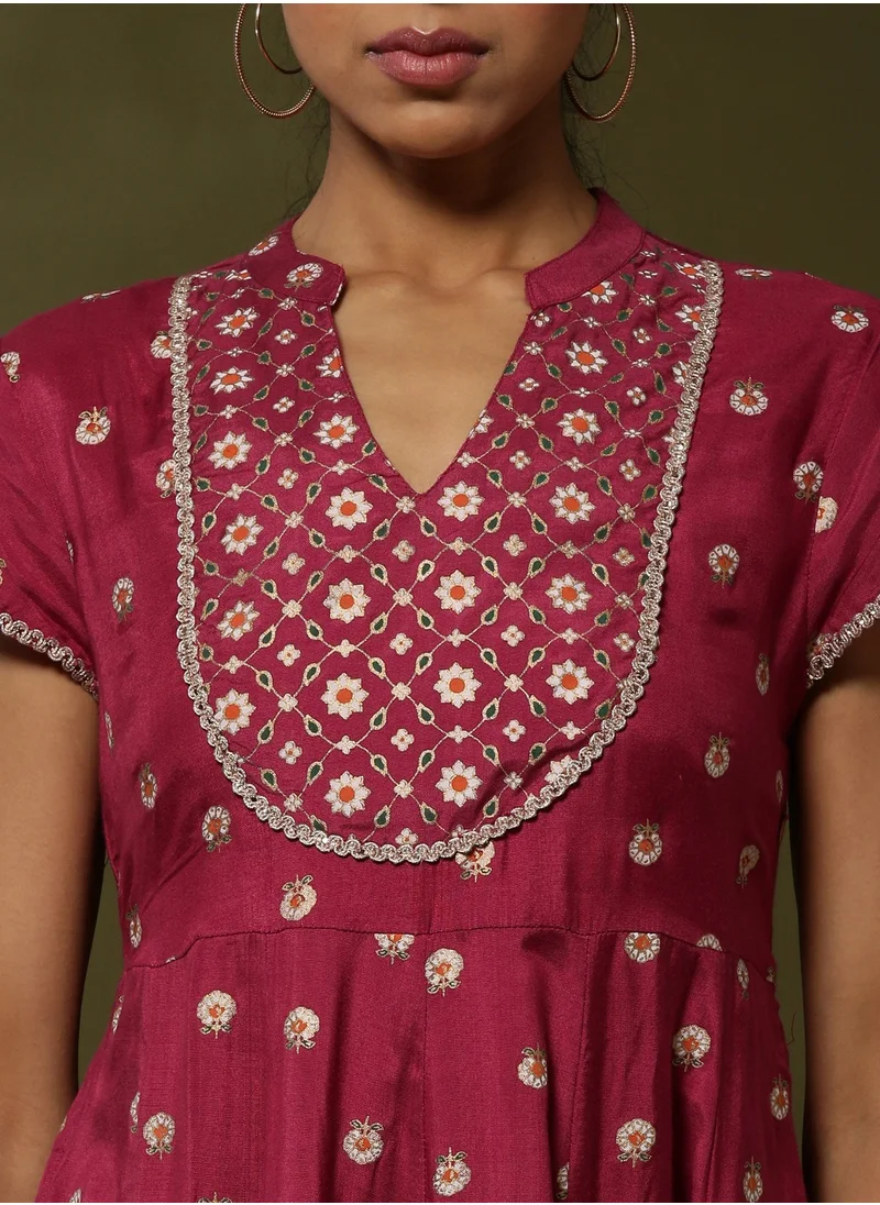 Abhishti Printed yoke cut flare ethnic dress with dupatta-wine