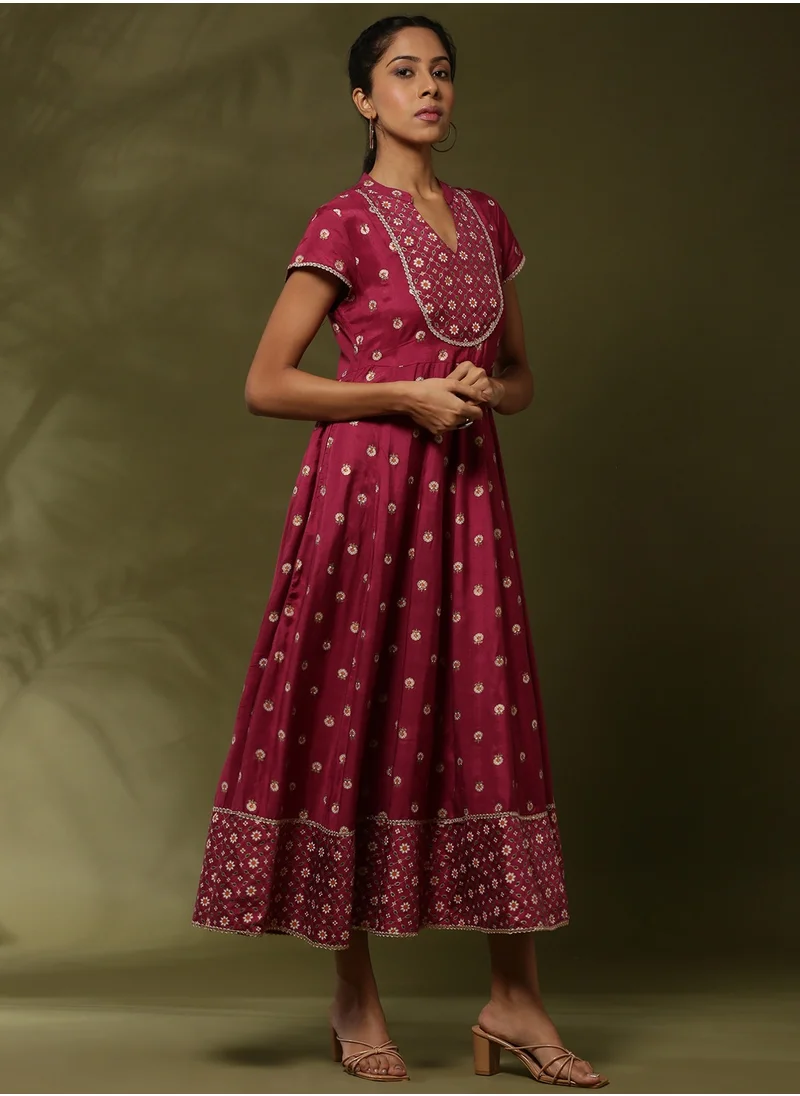 Abhishti Printed yoke cut flare ethnic dress with dupatta-wine