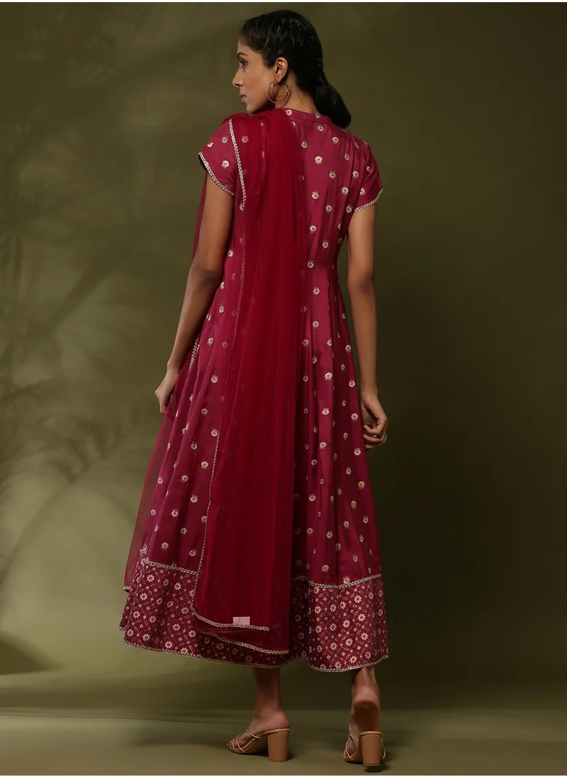 Abhishti Printed yoke cut flare ethnic dress with dupatta-wine