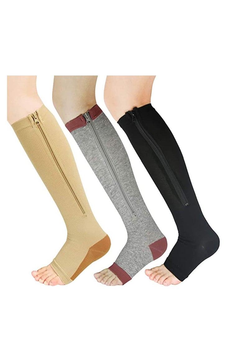 Compression Socks, Breathable Calf Knee High Stocking-Open Toe Copper Zipper Sports Socks for Injury Recovery Pain Relief, Sports Protection Protect Muscles 3 Pairs - Image 1