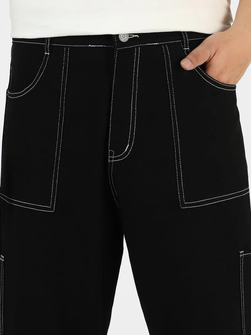 Urbano Fashion  Urbano Plus Men's Black Loose Baggy Fit Washed Cargo Jeans with 6 Pockets Non-Stretchable  | Best Price UAE