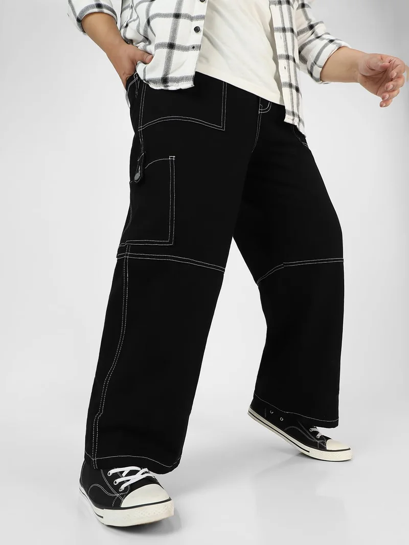 Urbano Plus Men's Black Loose Baggy Fit Washed Cargo Jeans with 6 Pockets Non-Stretchable