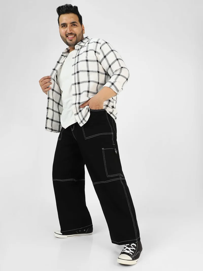 Urbano Fashion  Urbano Plus Men's Black Loose Baggy Fit Washed Cargo Jeans with 6 Pockets Non-Stretchable  | Best Price UAE