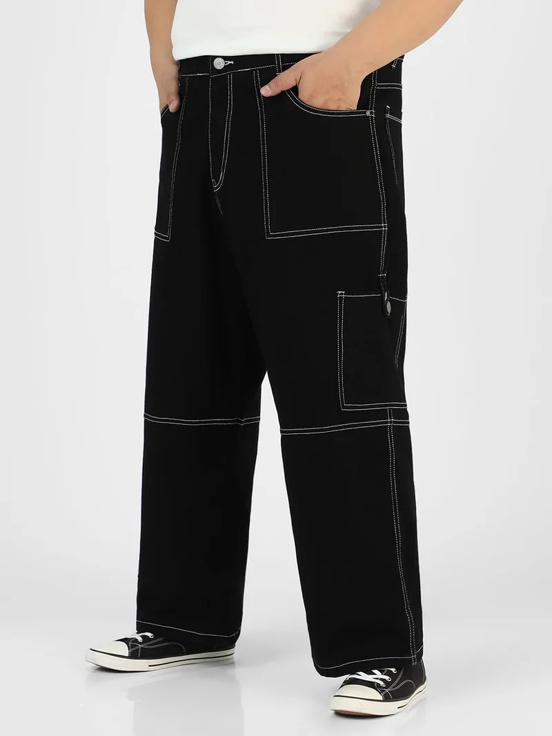 Urbano Fashion  Urbano Plus Men's Black Loose Baggy Fit Washed Cargo Jeans with 6 Pockets Non-Stretchable  | Best Price UAE
