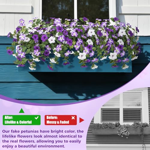 Bassion Artificial Flowers for Outdoors, 2 Pcs Realistic Fake Flowers UV Resistant Silk Morning Glory Petunias Faux Plants for Outdoor Planters Window Box Balcony Yard Porch Outside Garden Home Decoration - Image 3