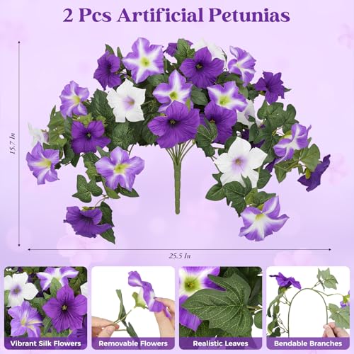 Bassion Artificial Flowers for Outdoors, 2 Pcs Realistic Fake Flowers UV Resistant Silk Morning Glory Petunias Faux Plants for Outdoor Planters Window Box Balcony Yard Porch Outside Garden Home Decoration - Image 2