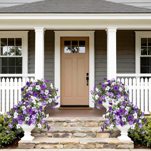Bassion Artificial Flowers for Outdoors, 2 Pcs Realistic Fake Flowers UV Resistant Silk Morning Glory Petunias Faux Plants for Outdoor Planters Window Box Balcony Yard Porch Outside Garden Home Decoration - Image 5