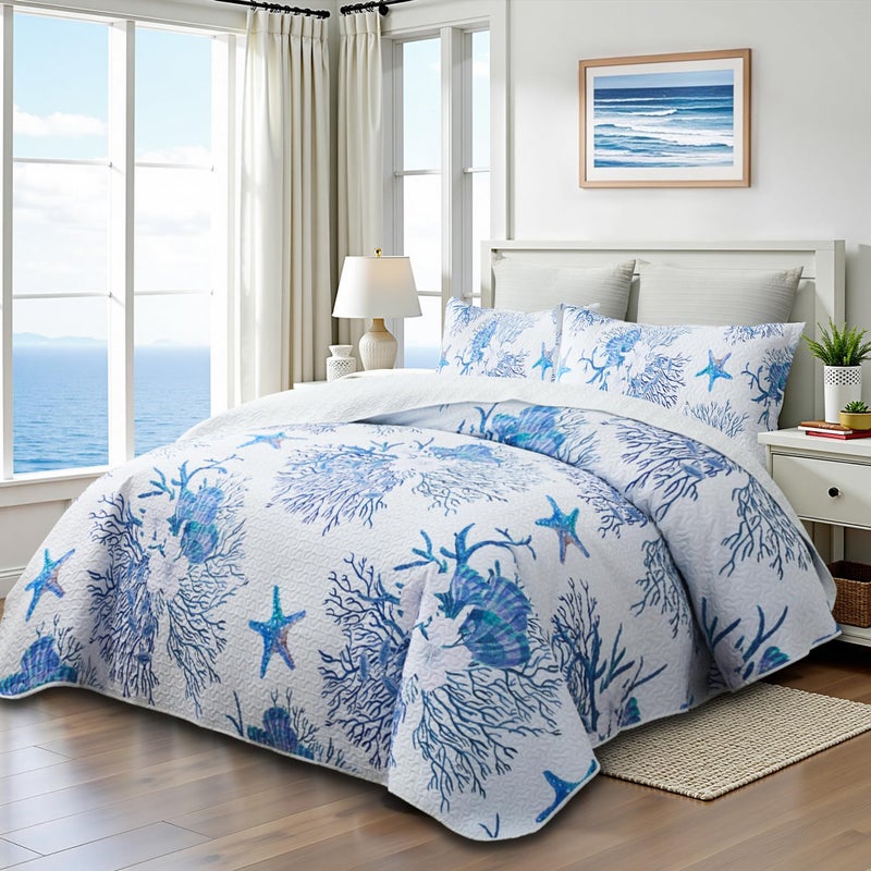 weesire Coastal Bedding Queen Size Coastal Quilt with 2 Shams, Nautical Beach Comforter Sets Ocean Bedspreads Blue Starfish Coverlet Summer Bedding, 90''x96'' - Image 2