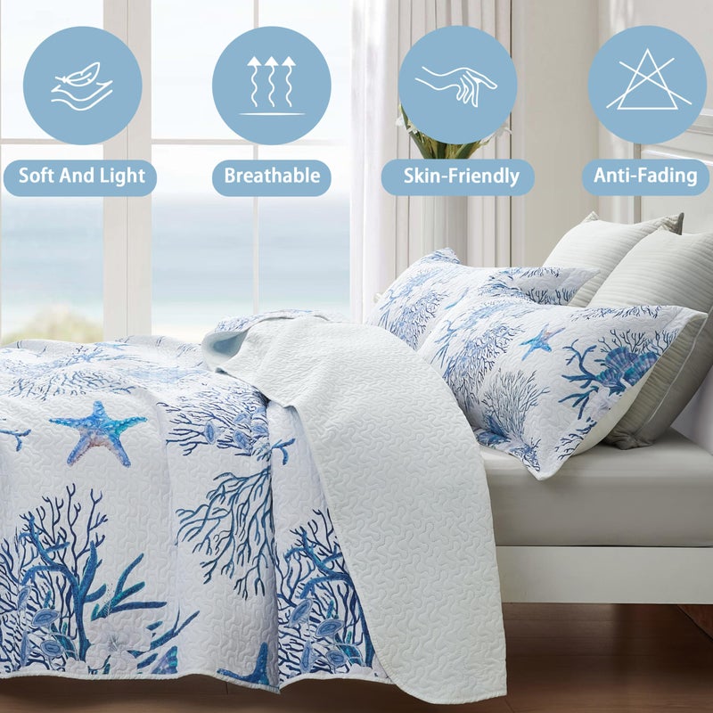 weesire Coastal Bedding Queen Size Coastal Quilt with 2 Shams, Nautical Beach Comforter Sets Ocean Bedspreads Blue Starfish Coverlet Summer Bedding, 90''x96'' - Image 5