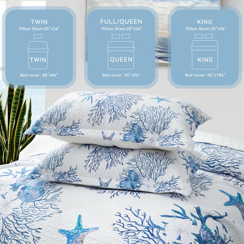 weesire Coastal Bedding Queen Size Coastal Quilt with 2 Shams, Nautical Beach Comforter Sets Ocean Bedspreads Blue Starfish Coverlet Summer Bedding, 90''x96'' - Image 3