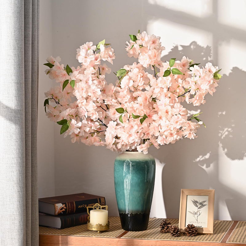Sunm Boutique Champagne Faux Cherry Blossom Branches, Artificial Cherry Blossom Stems Cherry Blossom Flowers Vase Arrangements for Wedding Home Party Kitchen Decor, Set of 3 - Image 4