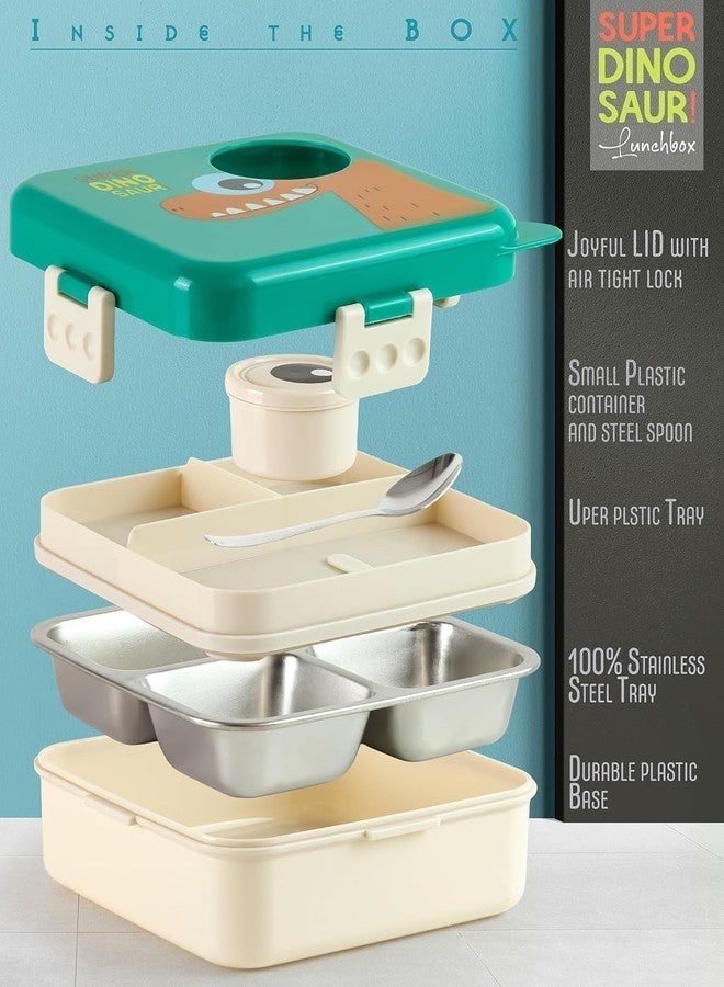 TOYTASTIC Green Kids Lunch Box – Stainless Steel Insulated Tiffin for School with Spoon, BPA-Free | Leak-Resistant Bento Box with Tray & Container | 800 ml (Green, Super Dinosaur) - Image 4