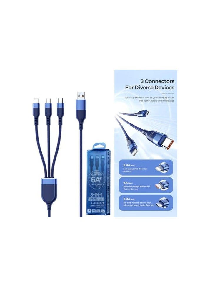 ريماكس كابل بيانات مينا 6A 3 في 1 شحن سريع، مادة سبائك الألومنيوم المتوافقة بالكامل، متوافق تمامًا مع مقاومة الانحناء، عالمي لجميع الهواتف المحمولة، الطول 1.2 متر، أزرق - Image 2